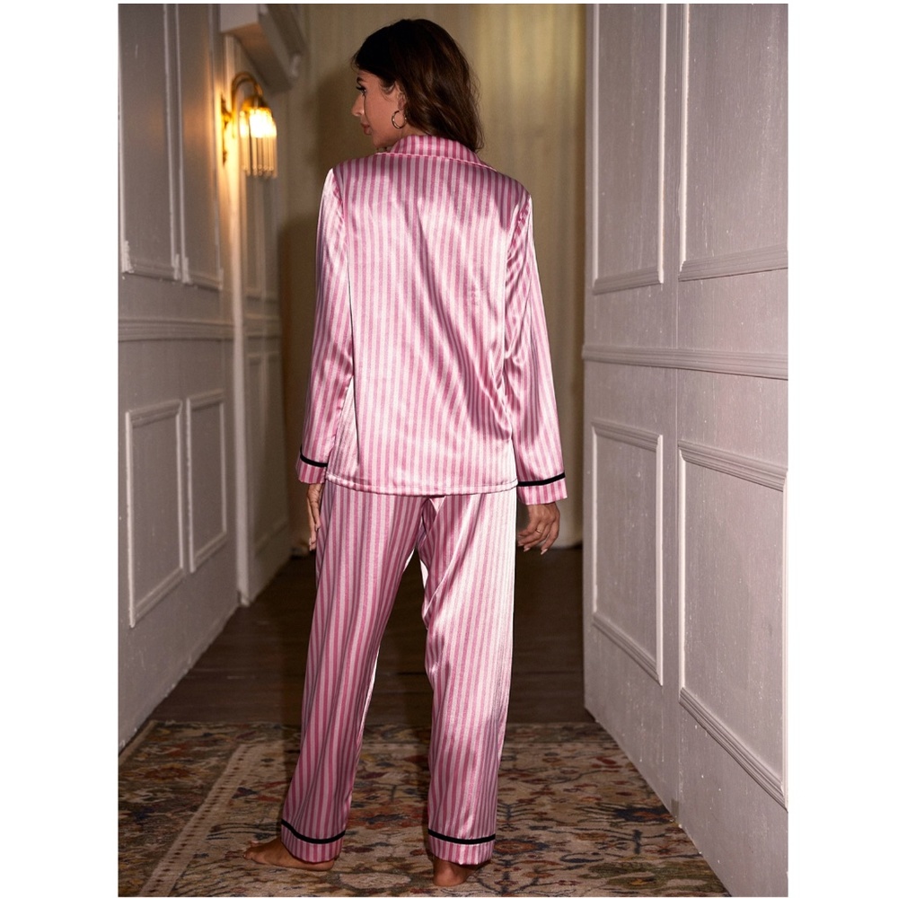 Satin Pink Stripes 2 Piece Pajamas Set - Picture 3 of 12